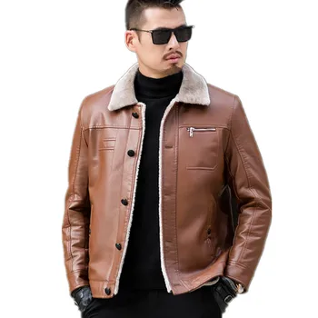 

Plus size Warm Winter Sheepskin Men's Leather jacket Men Leisure coat Men Fur Lining Jackets Motorcycle Biker Outerwear Parka