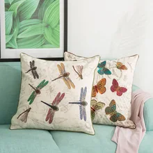 Funda de almohada decorativa de estilo rústico de estilo rural Vintage mariposa libélula colorido bordado sofá Coussin