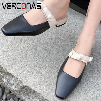 

VERCONAS Women Thick Heel Genuine Leather Mules Working Shoes Brand Design Sandals Square Toe Thick Heels Slippers Shoes Woman