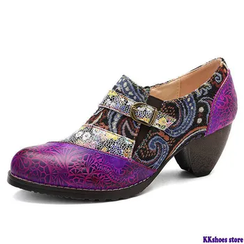 

2020 Bohemia Genuine Leather Splicing Jacquard Handmade Retro Pattern Buckle Zipper Pumps Ladies Shoes Spring Autumn