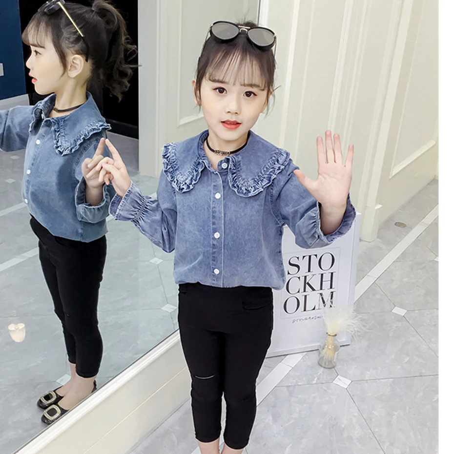 Girls Blouse Denim Girl Peter Pan Collar Ruffle Long Sleeve Shirt School Casual Clothes For 6 8 10 12 14 Year | Детская одежда и