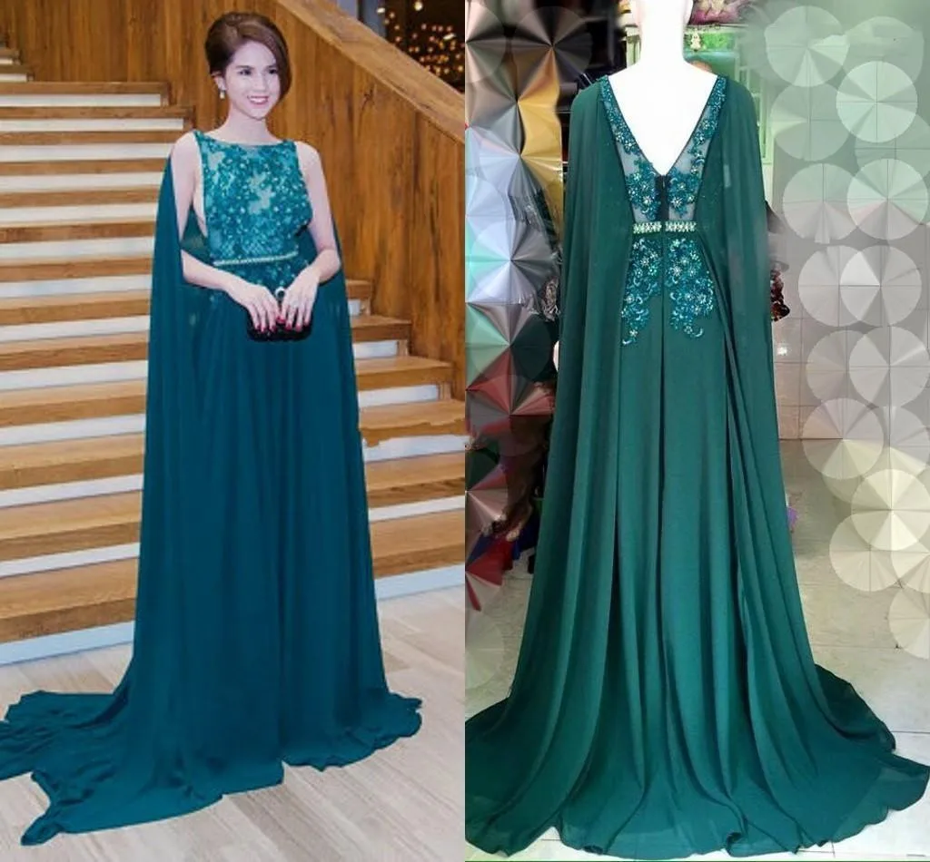 2019 Dark Green Cape Style Evening Dresses Elie Saab Lace Applique Beads Chiffon Prom Sweep Train Formal Party | Свадьбы и торжества