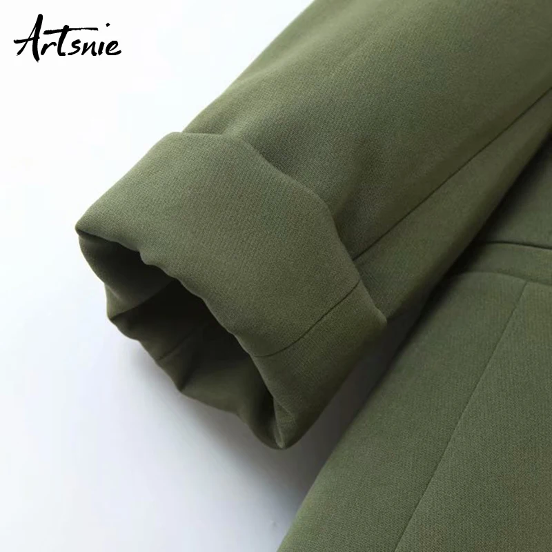 Artsnie autumn notched blazer women double pockets breasted coats female casual long sleeve green winter blazers mujer