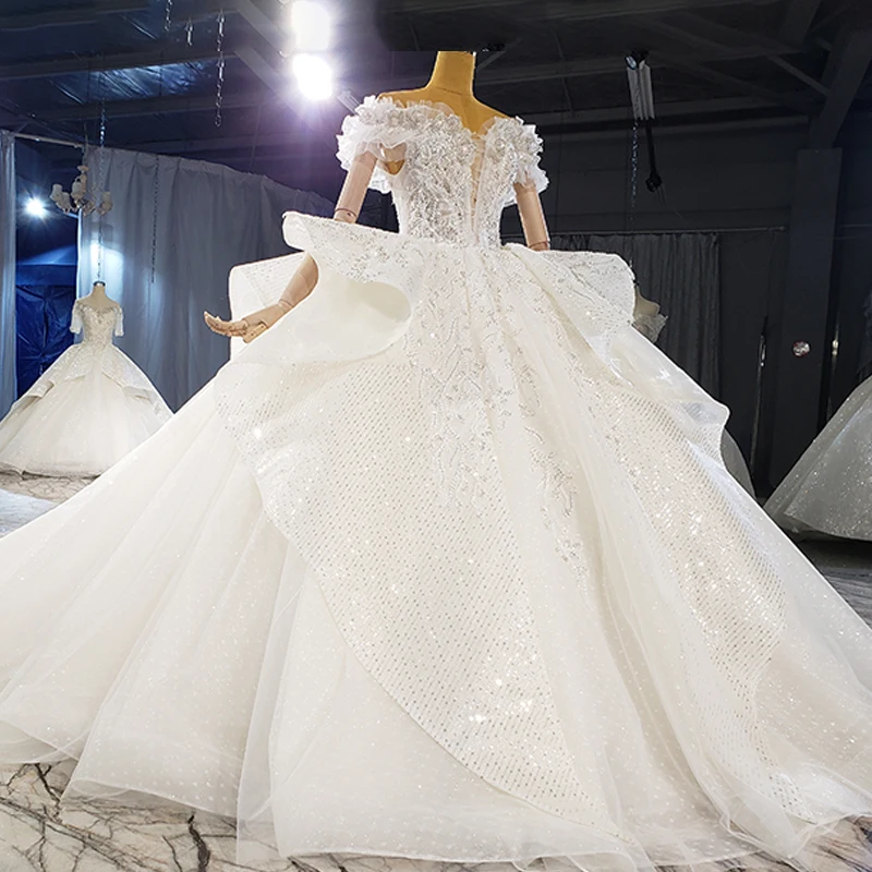 HTL2138 Elegant Crystal Charming Off-Shoulder Collar Wedding Dress 2021woman Bridal Dress Sequin Party Dress 3