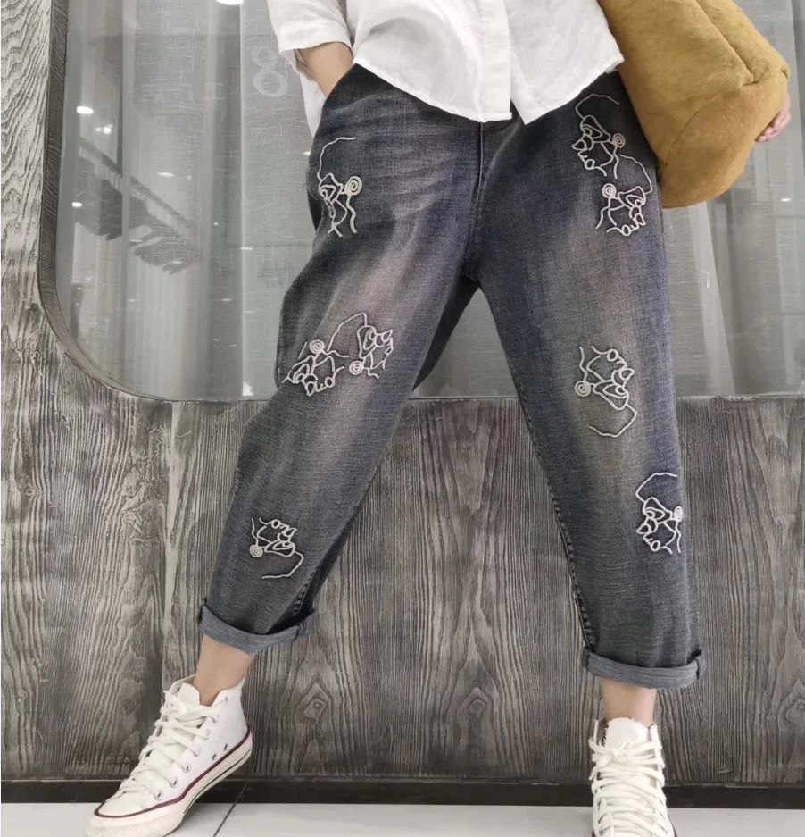 

girl long pants pant autumn new loose elastic leisure embroidery jeans washing joker woman