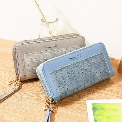 

Fashion Double Zipper Lady Mobile Phone Wallet Pattern Wristband Card Holder Clutch Stone Korean Version Long PU Standard Women