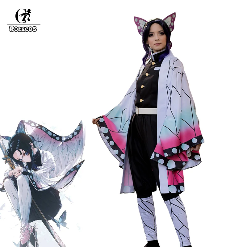 ROLECOS аниме демон Slayer Косплей Костюм Kochou Shinobu Kimetsu no Yaiba Хэллоуин женское кимоно