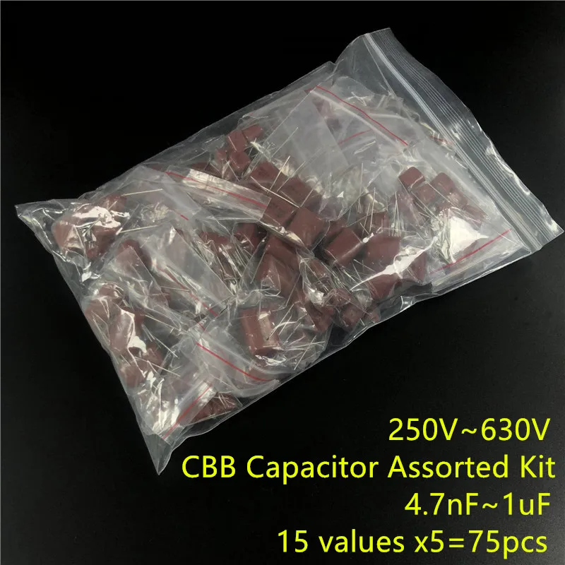 Конденсатор CBB Ассорти комплект, образец мешок, 15 единиц X 5 шт = 75 шт, 250V 400V 630 V, 472 до 105, без полярности конденсатор переменного тока