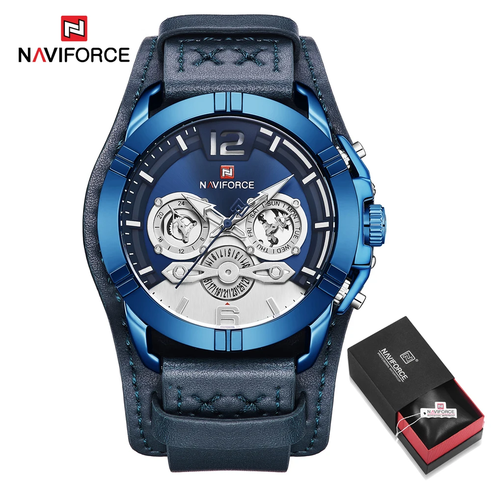 Blue in Box NAVIFORCE мужские часы Топ люксовый бренд бизнес кожа кварцевые часы повседневные водонепроницаемые мужские наручные часы Relogio Masculino - Цвет: Blue in Box