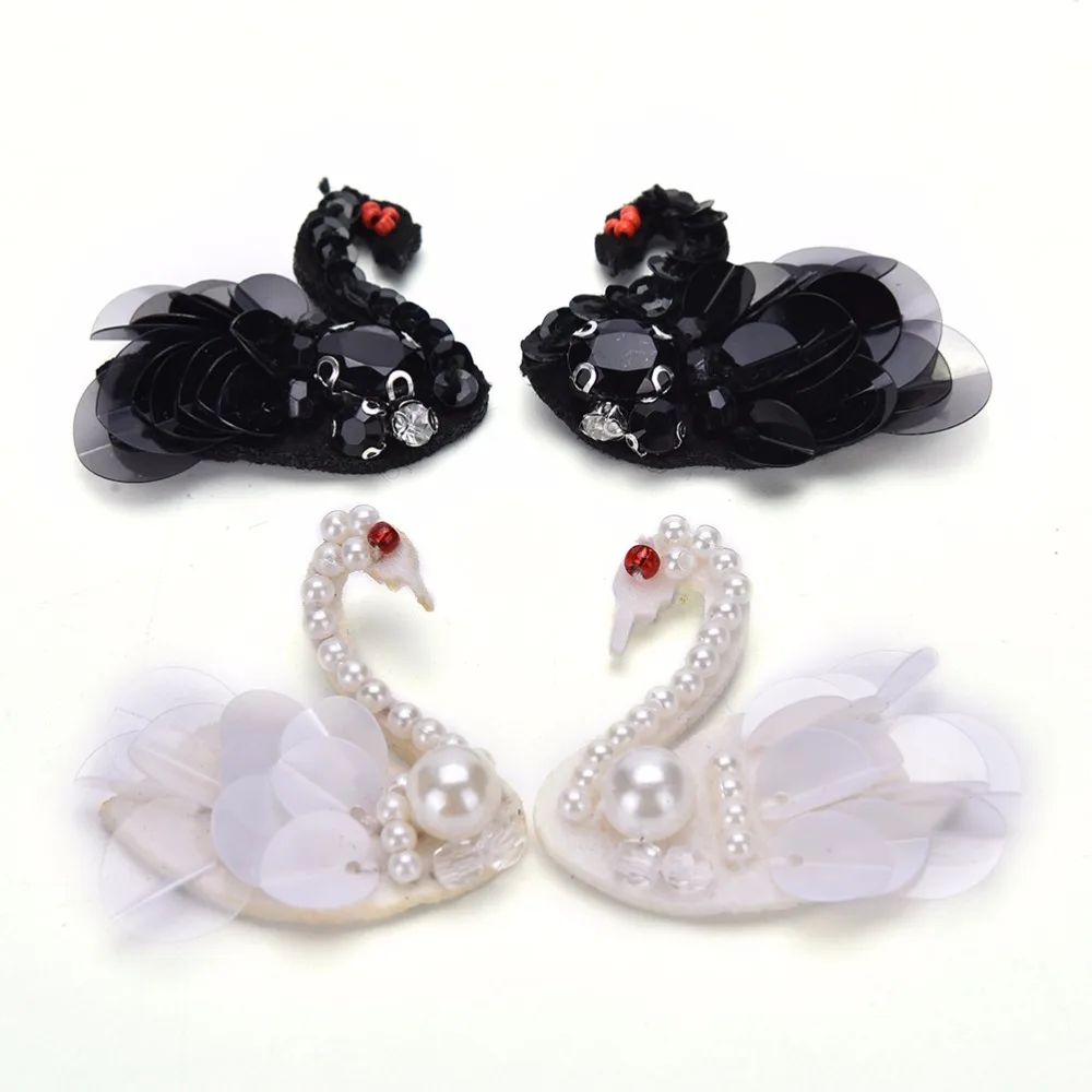 NEW 2pcs Sequins Beading Black Swan Patches Sewing On Patches Applique Badge Garment Craft DIY Apparel Accessory Wholesale