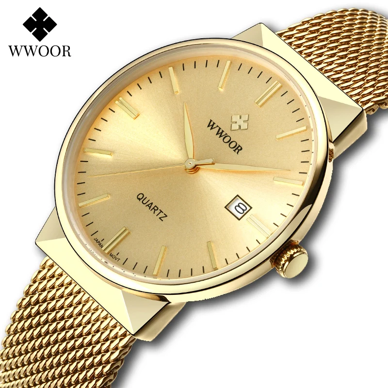 Gold Watch Men WWOOR Top Brand Famous Male Clock Steel Mesh Waterproof Watch Luxury Golden Quartz Wrist Watch Relogio Masculino spring children casual shoes girls boys male female sneaker high elastic foot wrapping baby flying mesh sock shoes