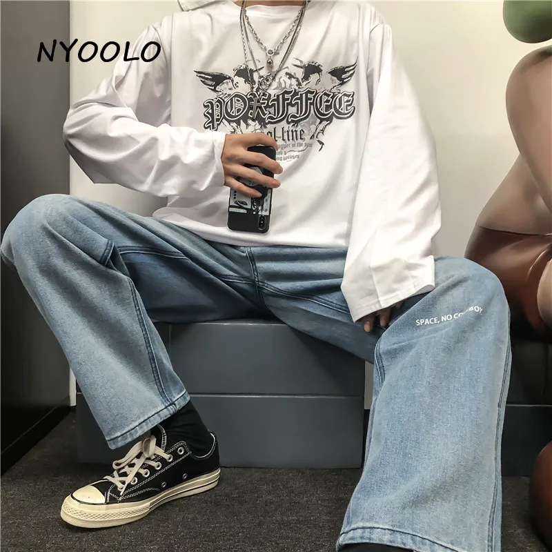 NYOOLO Harajuku стиль с буквенным принтом рубашка большого размера Осенняя уличная свободная футболка с длинными рукавами и круглым вырезом Женская Мужская одежда Топ