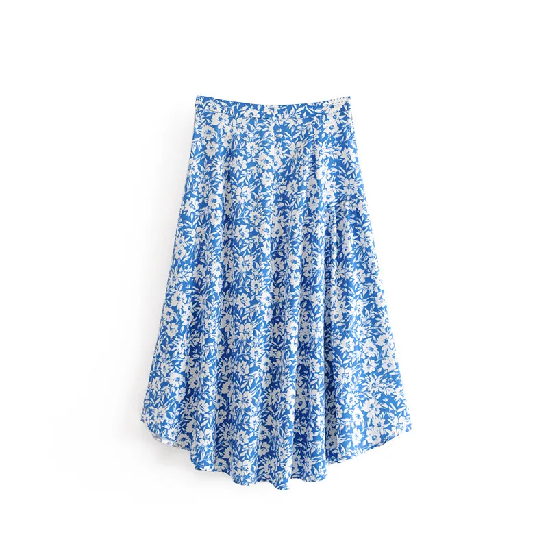

Australia Non-mainstream Design Blue Print High-waisted Irregular Button Slit Skirt 2019 Women's Dress New Products Long Skirts
