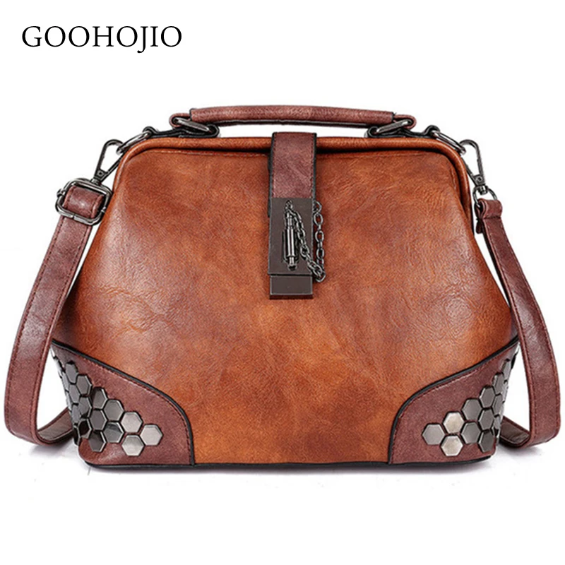 

Women Handbag Small Leather Women Shoulder Bag Doctor Bag Female Crossbody Handbag Lock Chain Rivets Girls Vintage Women Bags