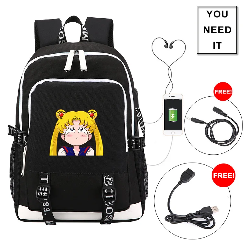 Сейлор Мун кошка девушка рюкзак сумка w/ USB модный порт и замок/наушники Аниме