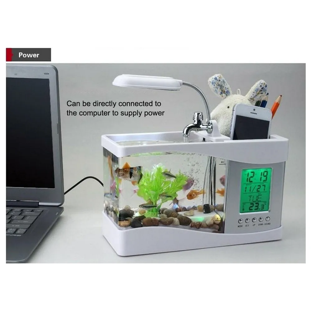 USB мини аквариумный аквариум часы Светодиодная лампа для аквариума дисплей светодиодный экран аквариум Настольный аквариум держатель ручки 1.5л