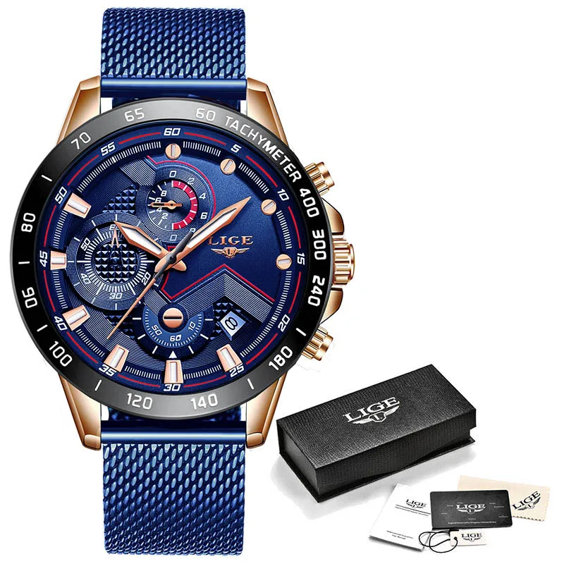 Rose gold blue LIGE новые модные мужские часы с нержавеющей сталью, Топ бренд, роскошные спортивные кварцевые часы с хронографом, мужские часы - Цвет: Rose gold blue
