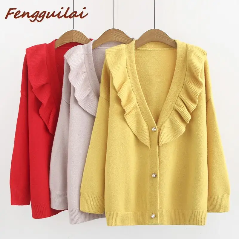 

New Autumn Women Sweet Ruffled Knitted Cardigans Pearl Buttons Single Breasted Long Sleeve Sweaters Female Outwear Cute Tops