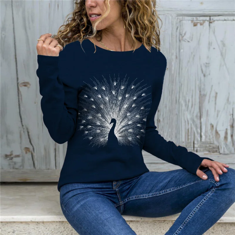 Peacock Graphic Basic T-Shirt Women's Clothing 2021 Summer Autumn Long Sleeve Casual Vintage Tee Shirts Ladies Oversized Tops | Женская