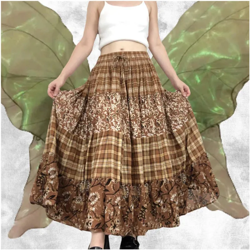 Xingqing Y2k Skirts Retro Plaid Floral Patchwork Lace Up Bandage Long Pleated Grunge Fairycore Boho Beach Holiday Skirt | Женская одежда