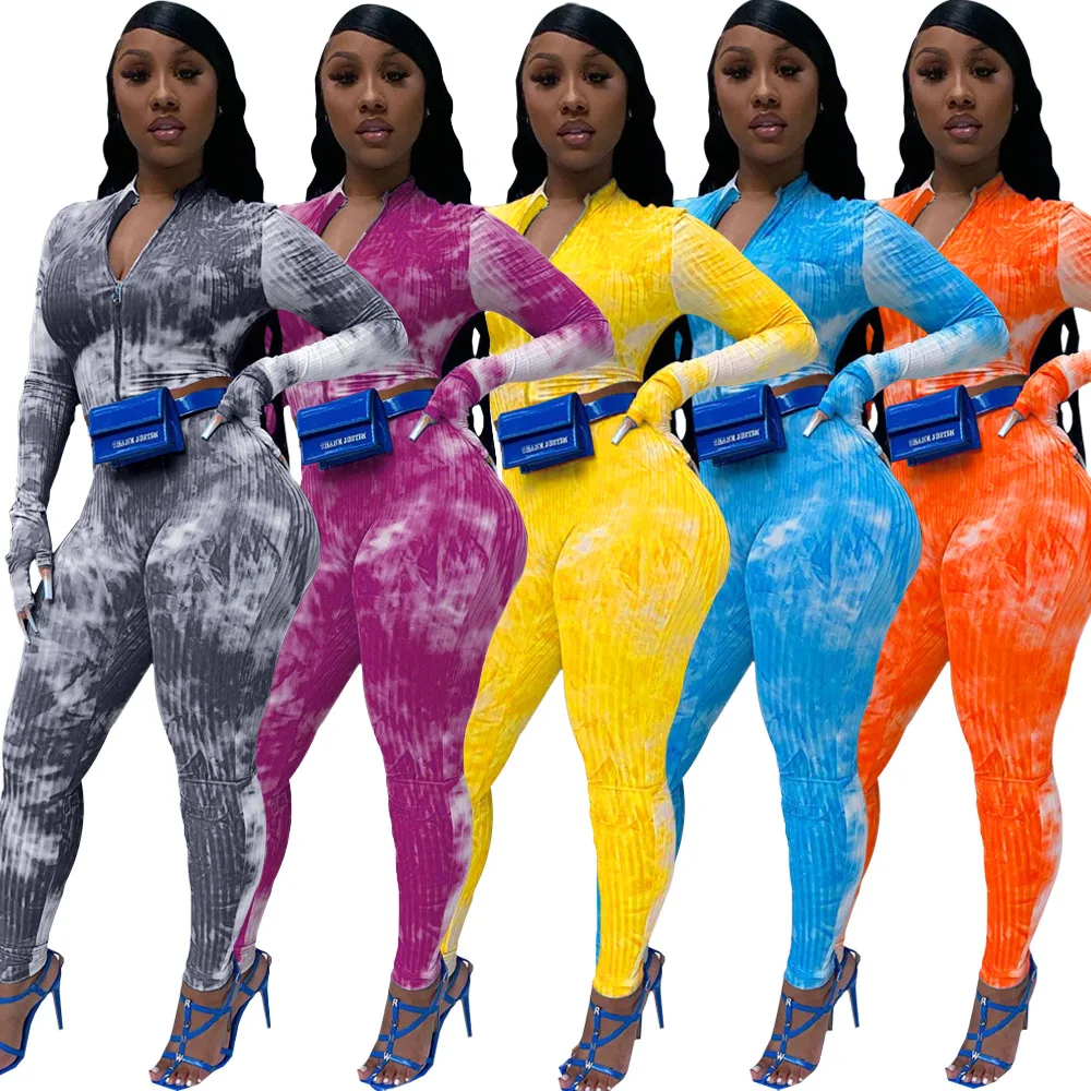 

Tie Dye Printes Long Sleeve Zipper Crop Top With Finger Two Piece Set Jogging Femme Tracksuit Outfits Matching Sets