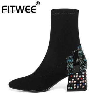 

FITWEE New Woman High Heel Boots Crystal Thick Heel Zipper Woman Ankle Boots Fashion Elegant Winter Shoes Woman Size 35-40