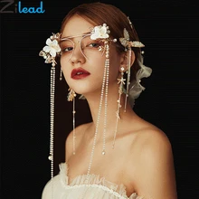 Zilead Women Crystal Double Beam Glasses Frame Metal Half Frame Bride Flower Eyeglasses With Pearl Chain Photo Props Decoration