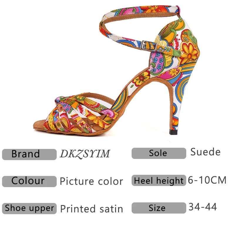 DKZSYIM Latin Dance Shoes For Women Female Ladies Ballroom Tango Dance Shoes Print Flowers Soft Bottom Salsa Dance Shoes 6-10CM 3