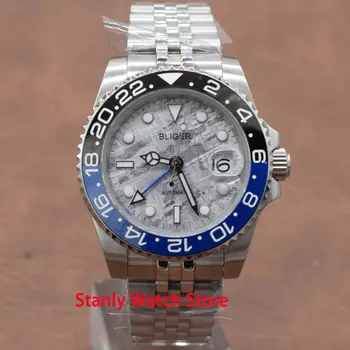 

Sapphire Bliger 40mm Meteorite-Dial Luminous Marks Blue Black Ceramic Bezel GMT Function Automatic Movement Men's Watches