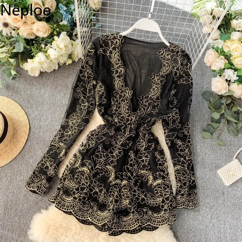 Neploe, v-образный вырез, длинный рукав, крючок, цветок, кружева, заплатка, комбинезоны, сексуальные, Hoolow Out Thicked Warm Playsuit, Осень-зима, низ, боди