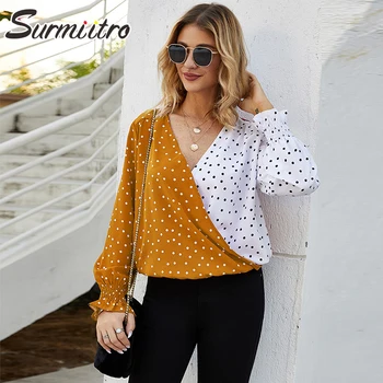 

SURMIITRO Blouse Women 2020 Spring Summer Fashion Long Sleeve Yellow And White Dot Patchwork Shirt Female Tops