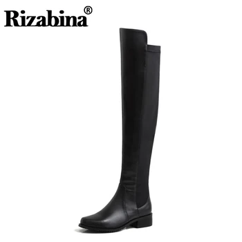

RizaBina Women Thigh High Boots Winter Genuine Leather Stretch Shoes Women Black Over The Knee Office Over Knee Boots Size 33-40