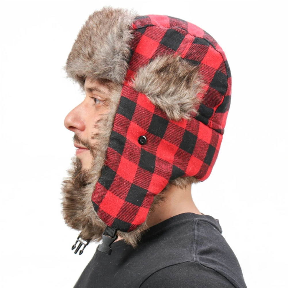 Plaid Trapper Bomber Fur Hats for Skiing Skating Snowboarding Winter Warm Men Women Ear Protector Cycling Camping Hiking Caps