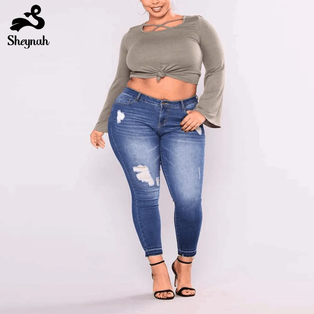 

Fiminino Big Size Denim Jeans Skinny Pencil Pants Midi Waist Vintage Slim Bodycon Bottoms 7xl Stretched Casual Hole Ripped Jeans