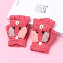 Новые детские перчатки для детей от 3 до 12 лет, милые перчатки из кролика с рисунками из мультфильмов, зимние теплые вязаные перчатки с Откидывающейся Крышкой на половину пальцев, бархатные плотные теплые перчатки