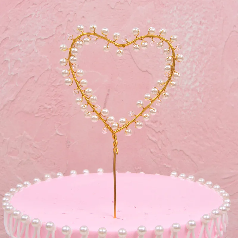 Сердце Торт Топперы Жемчуг Металл счастливое украшение для именинного торта тележка для Свадебная церемония украшения поставщики Декор кекса