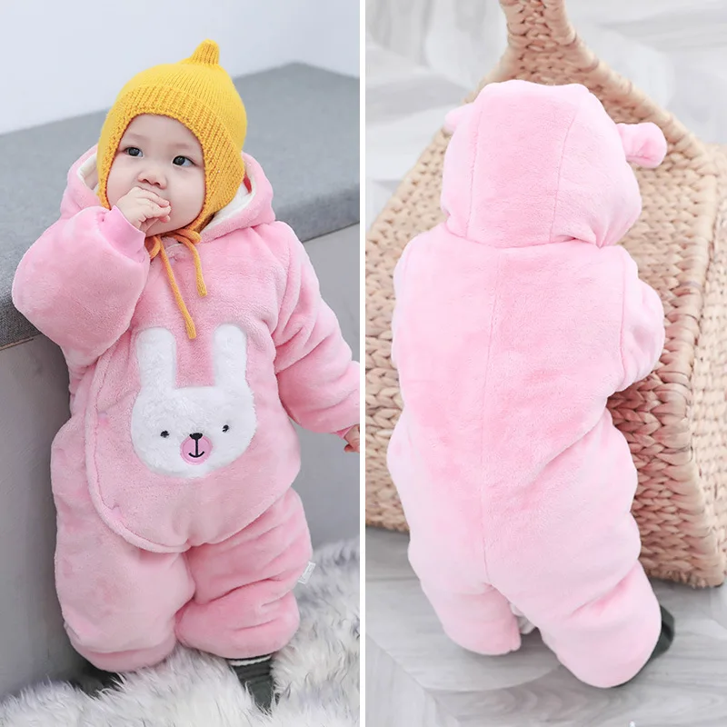 Зимний Детский комбинезон; хлопковый фланелевый Детский комбинезон для маленьких мальчиков; Пижама для новорожденных с медведем; теплый костюм для маленьких девочек и мальчиков - Цвет: Розовый