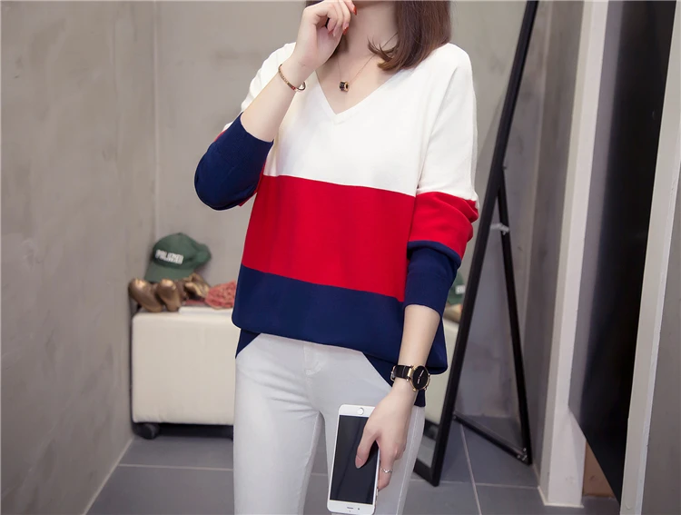 Plus Size Striped Korean Knitted Tops Sweaters Women Autumn Winter Fashion Loose V Neck Ladies Knitwear Oversized Jumpers