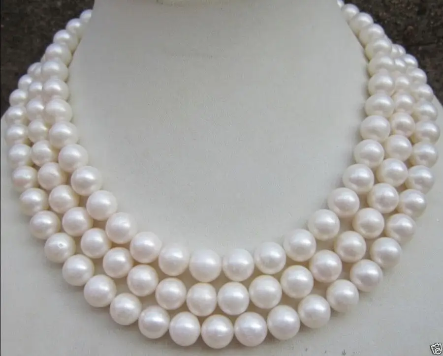 

3 rows elegant 9-10mm south sea round white pearl necklace 18"19"20"14k