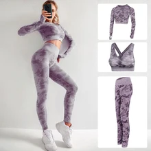 

3pcs Workout Clothes for Women Yoga Set High-waisted Seamless Leggings Long Sleeve Camouflage Casual Laying Sports Gym Sets