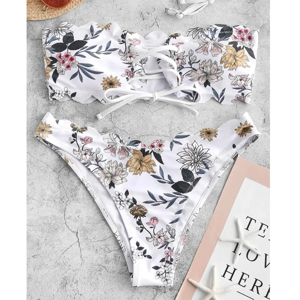 

2020 Women Floral Lace-up Scalloped Bandeau Bikini Set Push-up Swimwear Swimsuit Plus Size Strapless Ruffleswimwear#3