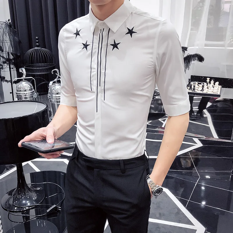 Мужские рубашки с вышивкой Camisa Masculina, повседневная приталенная Мужская рубашка в деловом стиле, мужские вечерние рубашки, Клубная уличная одежда