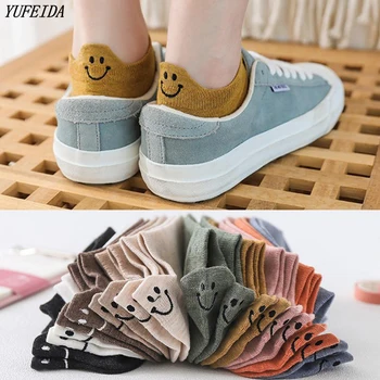 

5 Pairs/Pack Kawaii Embroidered Expression Women Socks Happy Fashion Ankle Funny Socks Women Cotton Summer Candy Color Japanese