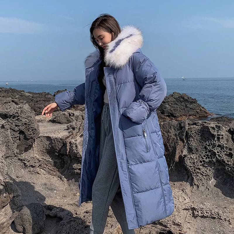 

2019 Winter Thick Warm Exta-long over-the-Knee down Jacket Cotton-padded Clothes INS Large Fur Collar Coat down Coat Cotton-padd