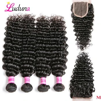 

Luduna Human Hair Bundles With Closure Deep Wave Remy Hair 4 Bundles With Closure 4*4 With Bundles Peruvian Human Hair Weave