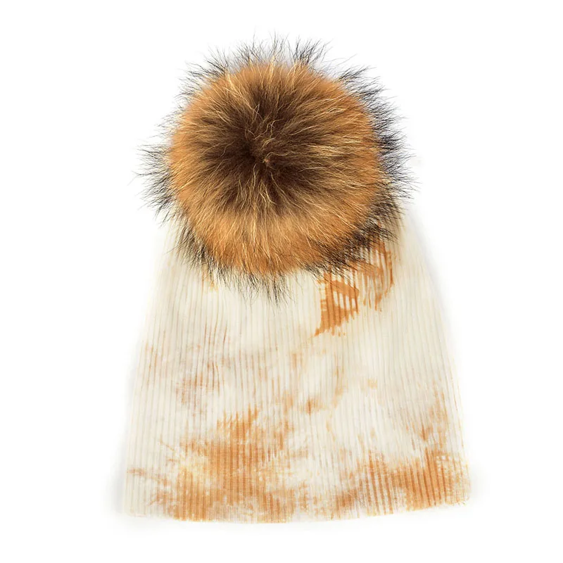 Geebro краска для женщин шапка бини женская вязаная зимняя теплая шерсть хлопок 15 см Настоящий мех енота помпон черепа шапки - Цвет: beige A