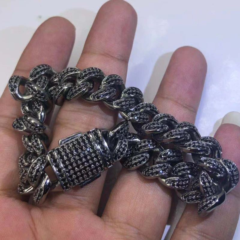 Хип хоп кубинский браслет 12 мм черный Iced Out кубинская цепь звено с CZ Bling сверкающий браслет для мужчин женщин раппер хип хоп ювелирные изделия