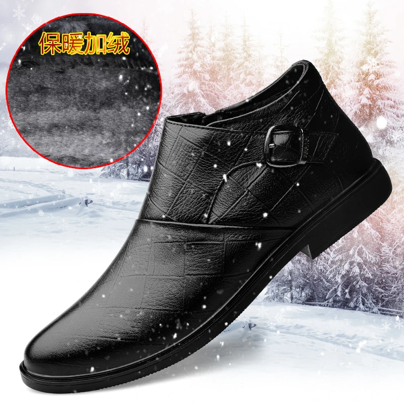 Winter Warm Casual Boots Men Inside Fur Ankle Boots Men Buckle Strap Men Dress Boots Good Quality Leather Boots Mens Size 38-46