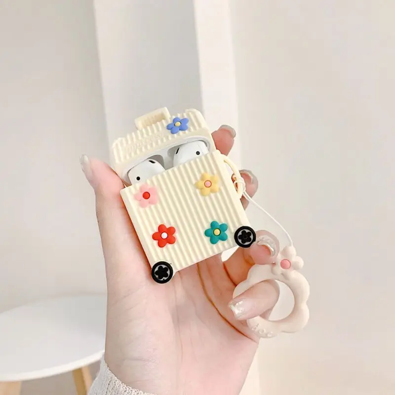Beautiful Flower Suitacese Pattern Soft Silicone Protective Cover Shockproof Case Skin with Lanyard for Airpods 1/2 Charging Box
