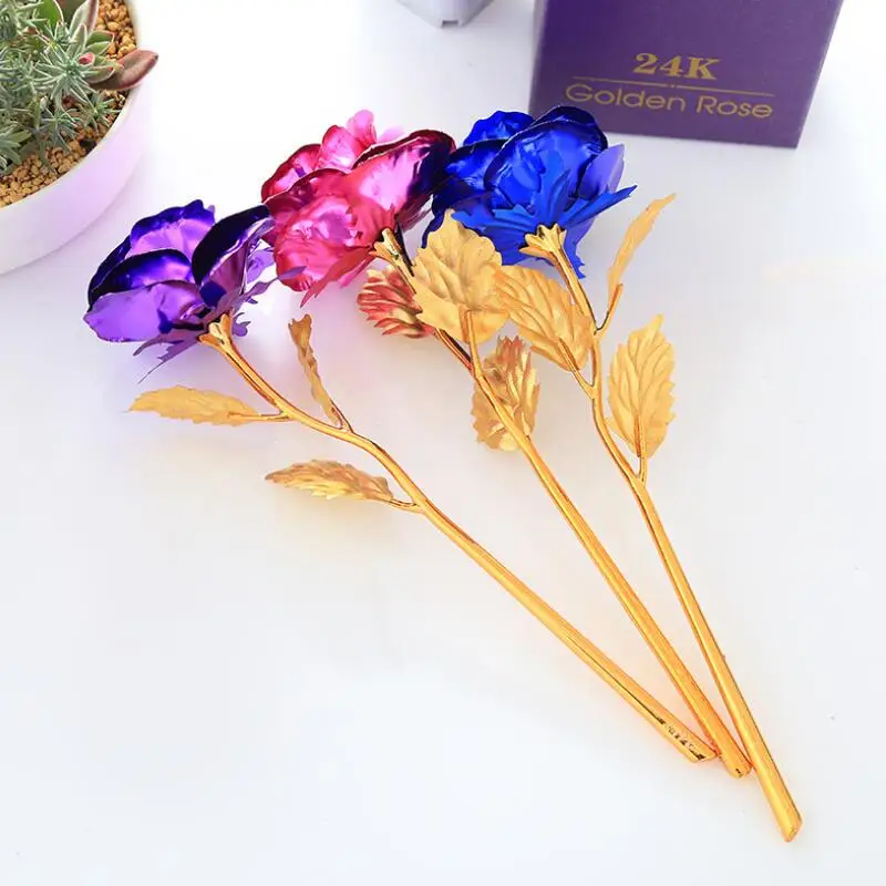 Romantic 24K Plating Golden Rose Flower Gold Foil Plated Artificial Wedding Festive Party Valentine Day Gift LX7714